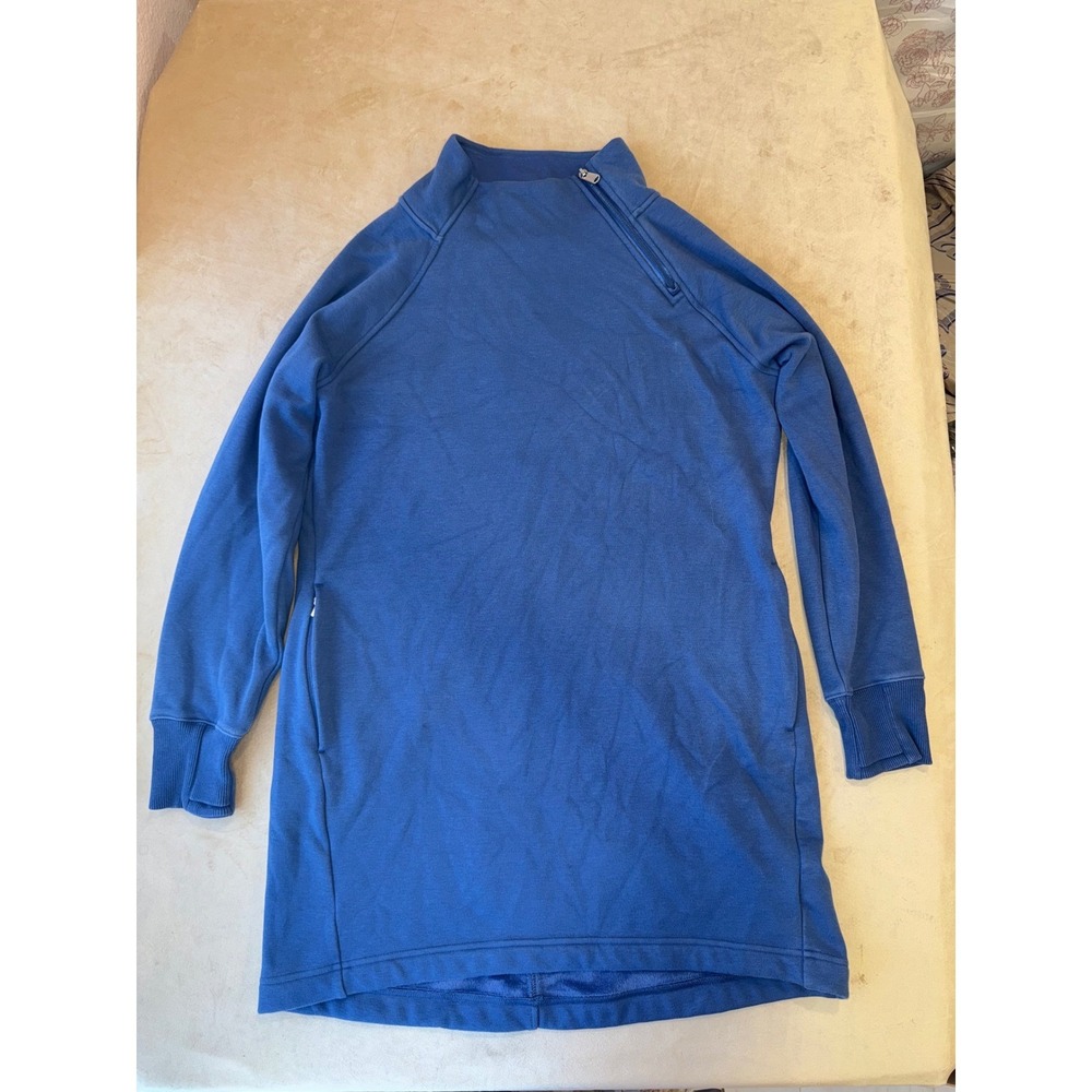 Athleta Cozy Karma Sweatshirt Dress Size L Blue Side Zip Pocket Funnel Neck